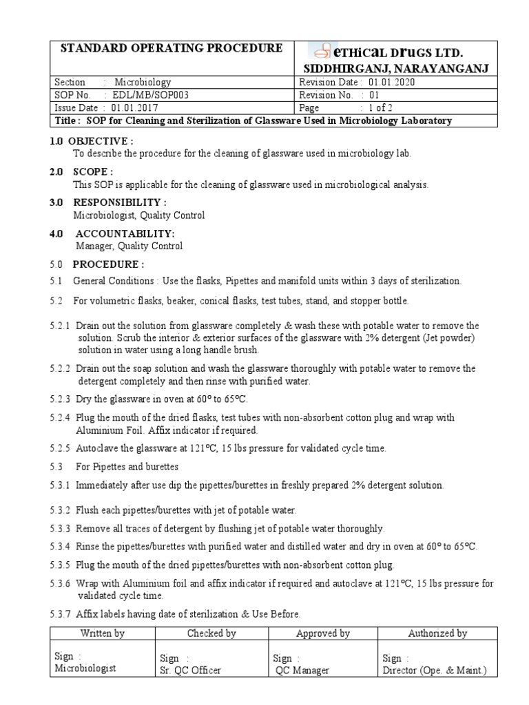 SOP For Cleaning and Sterilization of Glass Ware Used in Microbiology