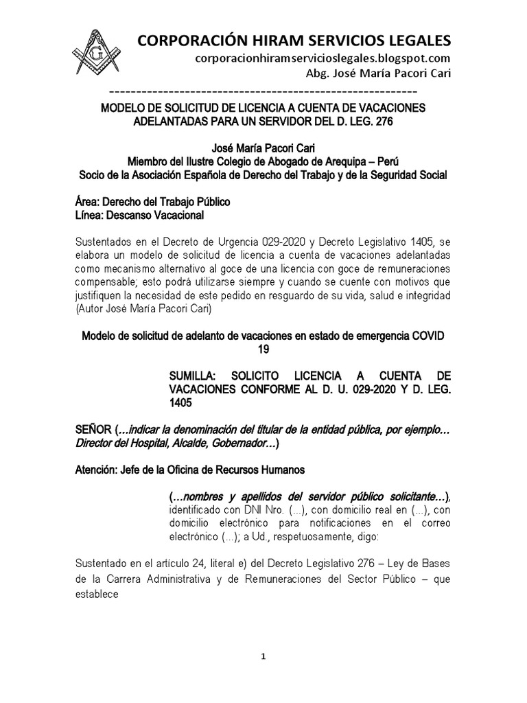 Modelo Solicitud Adelanto Vacaciones En Estado Emergencia Covid 19 Autor Jose Maria Pacori Cari Politica Gobierno