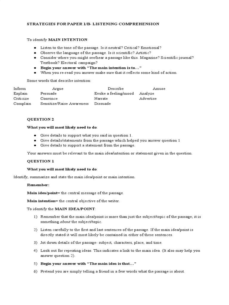 Listening Comprehension Strategies Guide | PDF | Question | Idea