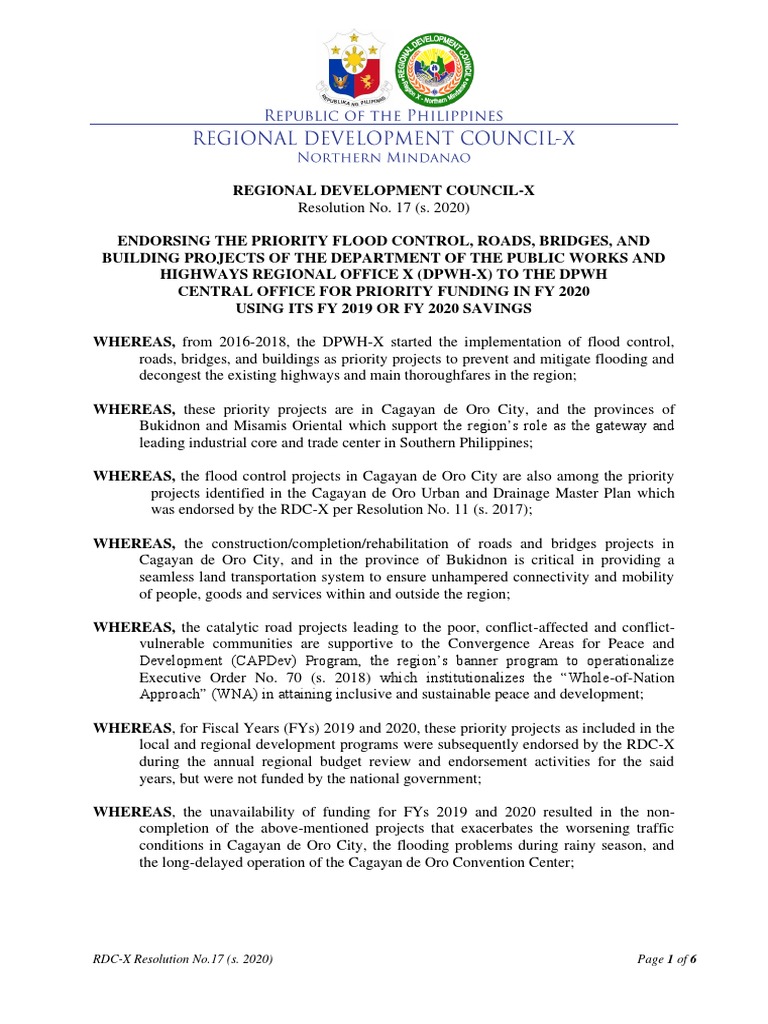 Res No 17 S Endorsing The Priority Flood Control Roads Bridges And Building Projects Of The Dpwh X Pdf Pdf Transport Nature
