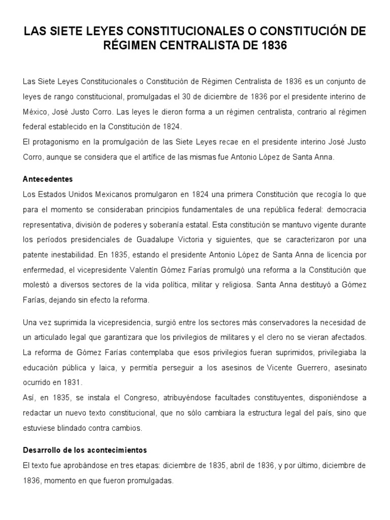 Las Siete Leyes Constitucionales O Constitución De Régimen Centralista De 1836 Constitución