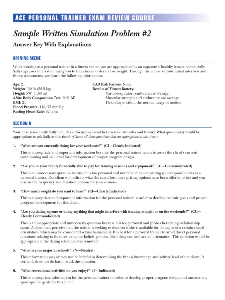 Sample Written Simulation Problem #2: Ace Personal Trainer Exam Review ...