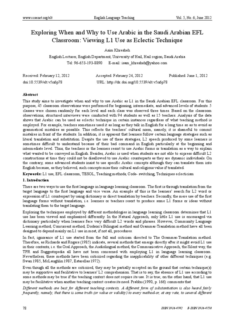 22exploring When And Why To Use Arabic In The Saudi Arabian Efl Second Language English As A Second Or Foreign Language