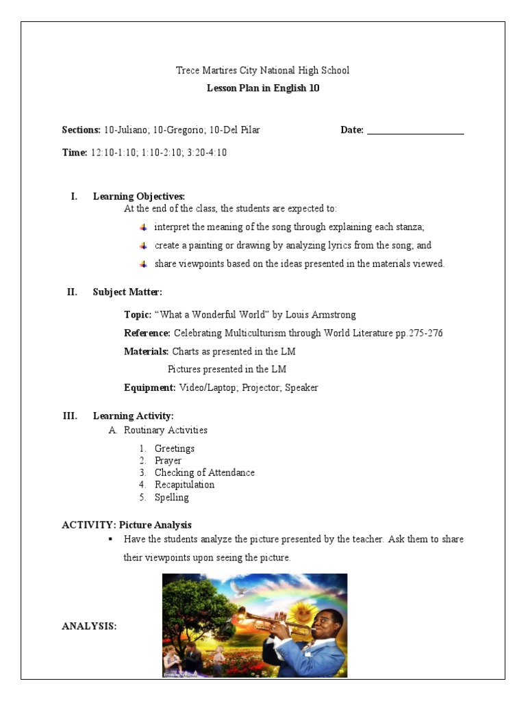 Wonderful World Lesson Plan | PDF | Lesson Plan | Behavior Modification