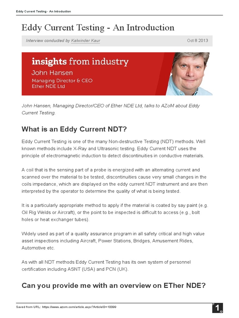 Eddy Current Testing An Introduction | PDF | Nondestructive Testing ...