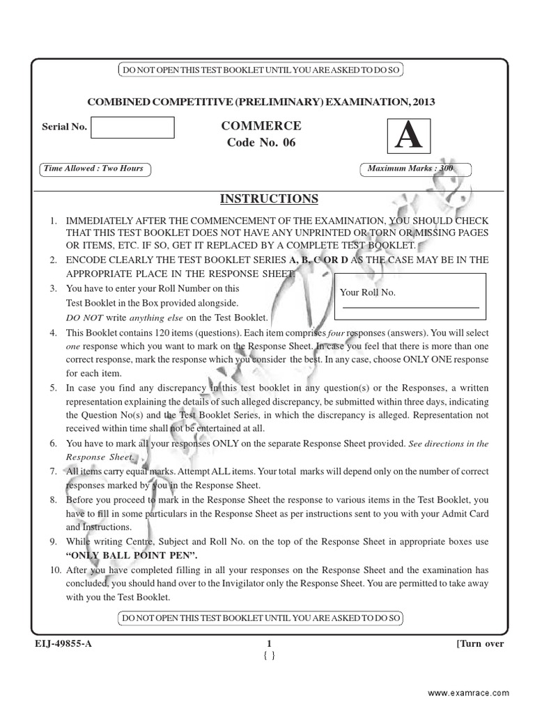 Combined Competitive (Preliminary) Examination, 2013: Commerce Code No ...
