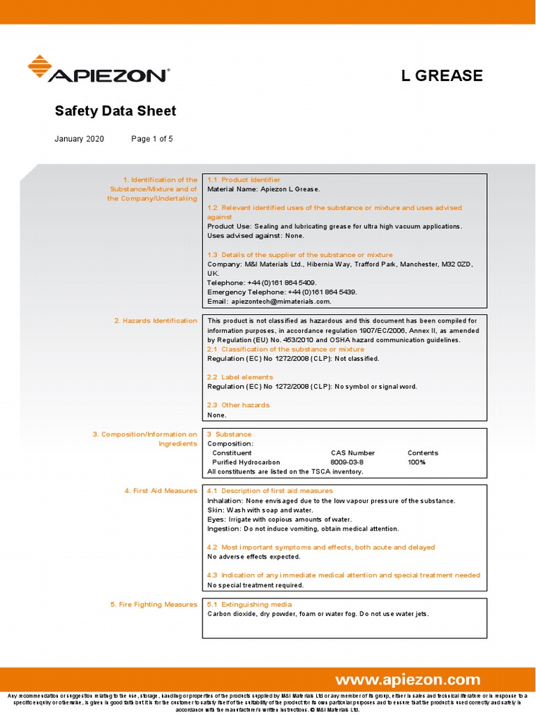MSDS Apiezon L Grease PDF Toxicity Dangerous Goods