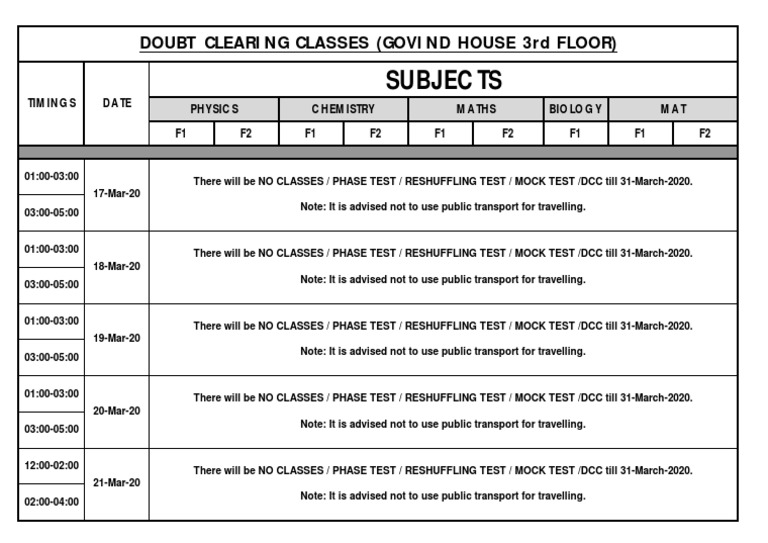DCC Time Table Junior Middle Wing 17 Mar To 21 March 2020 | PDF