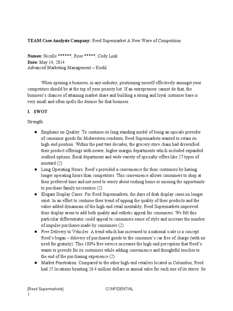 Reed Supermarkets Case Analysis PDF Supermarket Retail