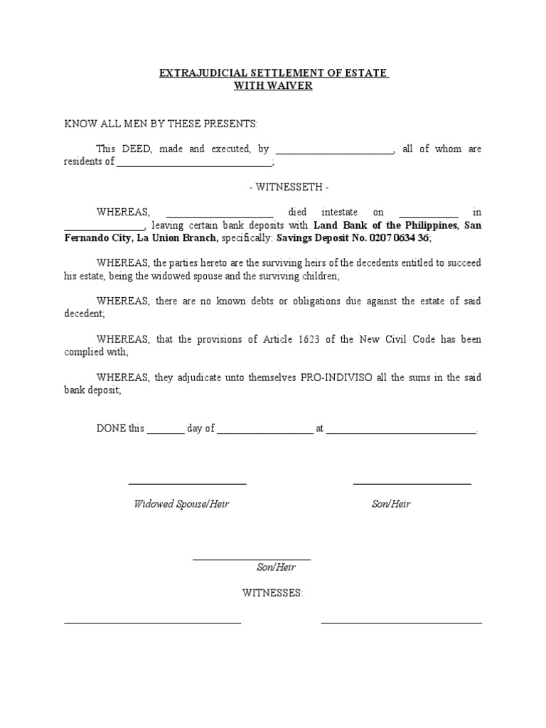 Extrajudicial Settlement Of Estate Sample Inheritance
