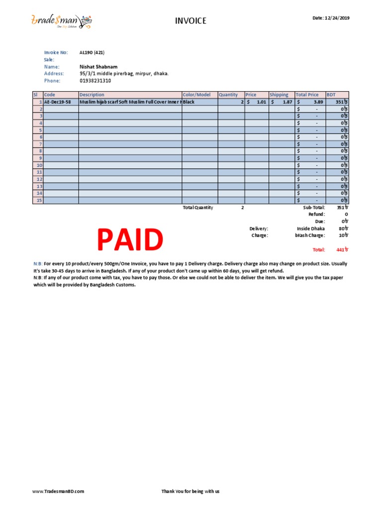 Invoice: Nishat Shabnam 95/3/1 Middle Pirerbag, Mirpur, Dhaka ...