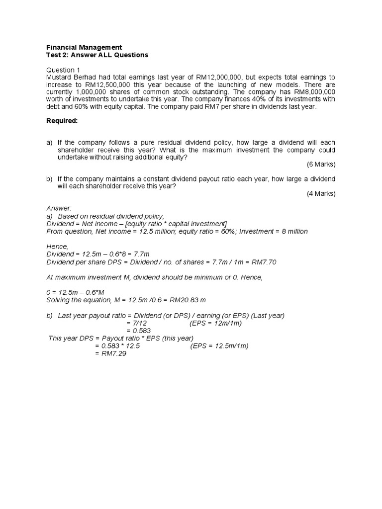 Financial Management Test 2 Answer ALL Questions PDF Dividend