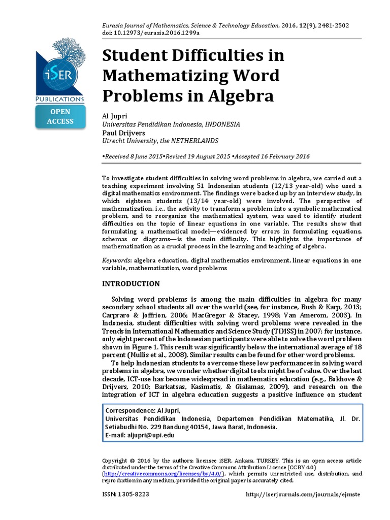 Student Difficulties in Mathematizing Word Problems in Algebra 4613 ...