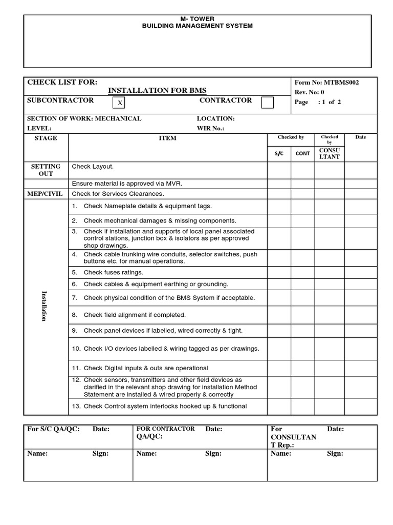 Checklist For Installation of BMS M Tower PDF PDF Calibration