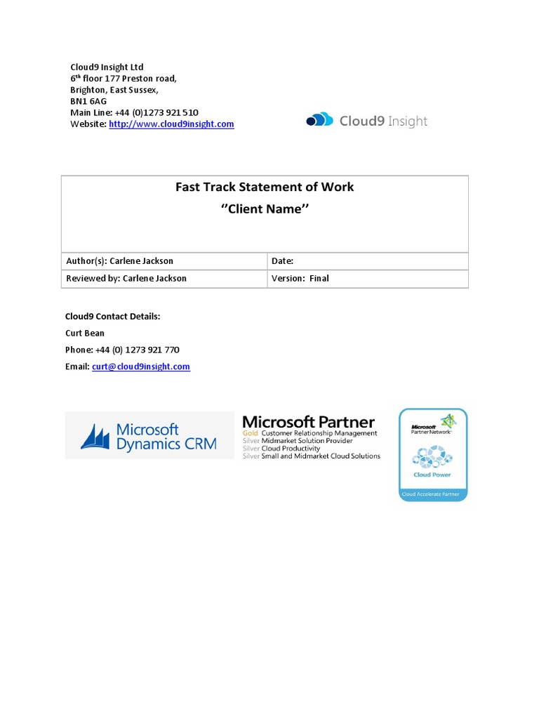 Cloud9 Fast Track Statement of Work Blank PDF Customer Relationship