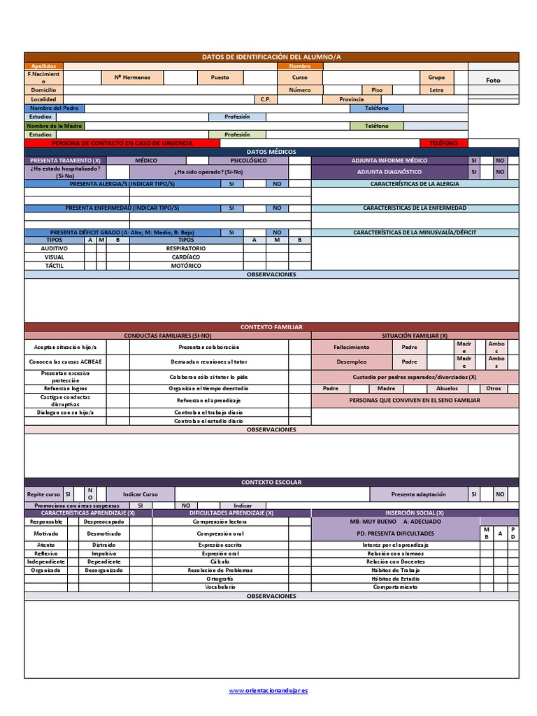 Ficha De Recogida De Datos Infantil Y Primaria Editable Pdf