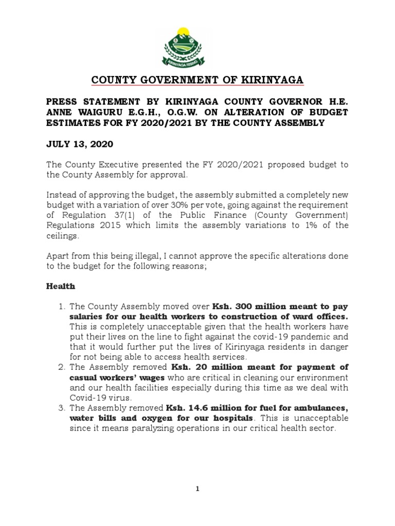 Governor Waiguru Press Statement On County Budget On July 13th F Government Politics