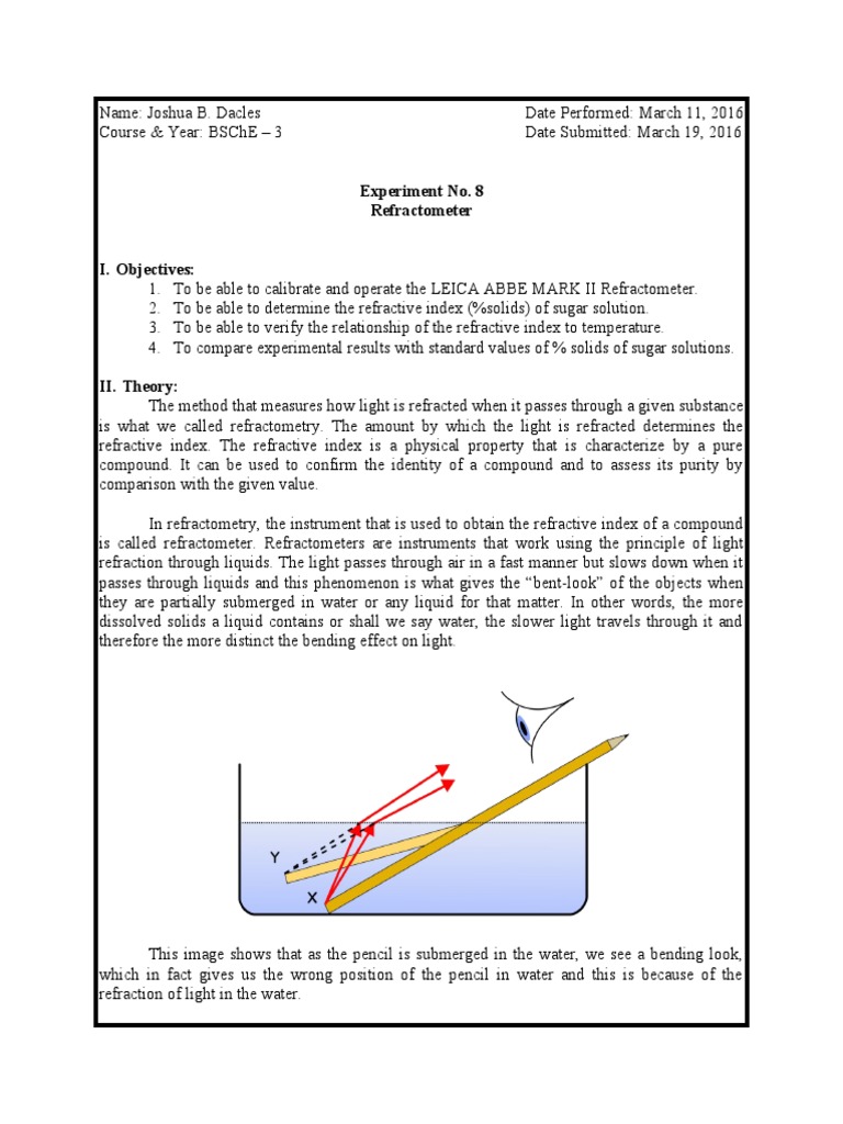 Experiment 8 Refractometer PDF Refraction Refractive Index