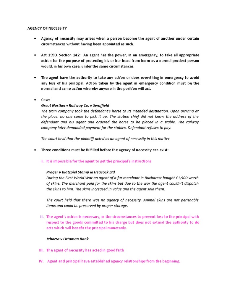 Agency Of Necessity Pdf Business Law Common Law