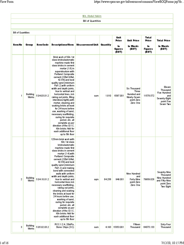 Bill of Quantities for Building Works | PDF | Concrete | Construction ...