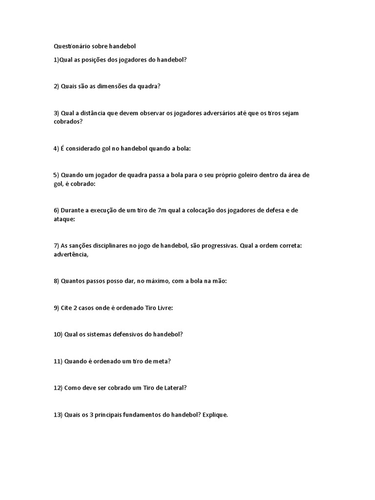 Questionário Handebol | PDF | Esportes e Recreação