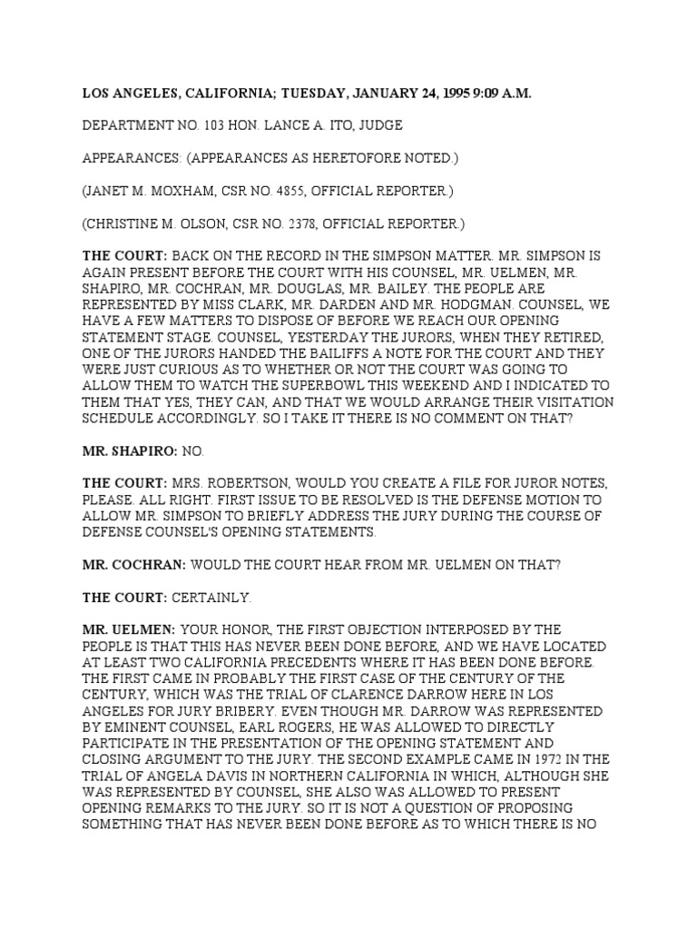 OJ Simpson Trial Transcript 24 Jan 1995 Part I PDF Plea Witness