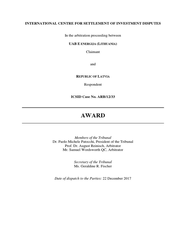 UAB E Energija v. Latvia | PDF | Judgment (Law) | Arbitration