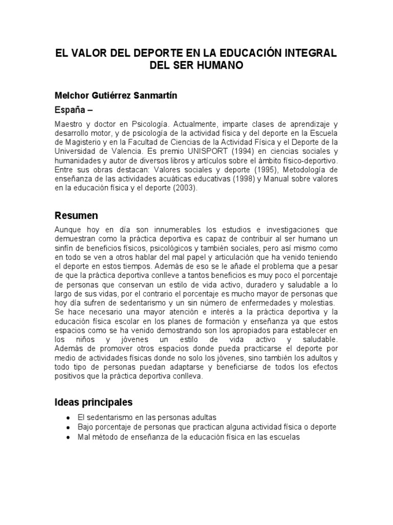 El Valor del Deporte en la Educación | PDF | Educación Física | Deportes