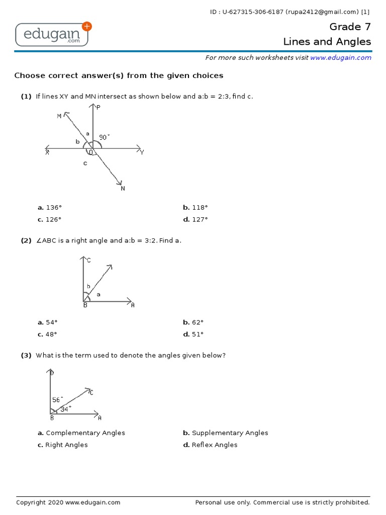 Grade 7 Lines and Angles: Choose Correct Answer(s) From The Given