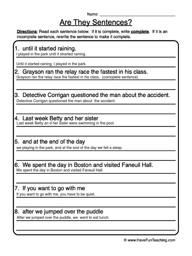 Complete-Noncomplete-Sentences-Worksheet 1 | PDF