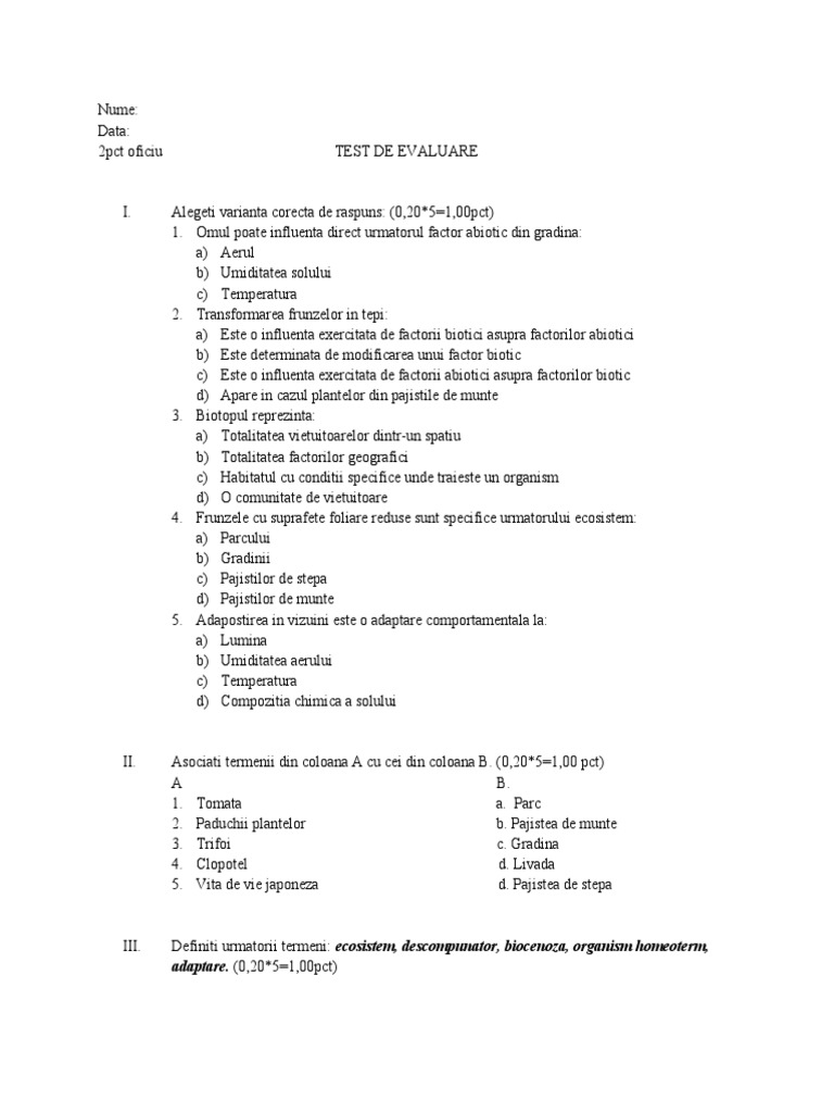 Test Clasa A 5 A | PDF