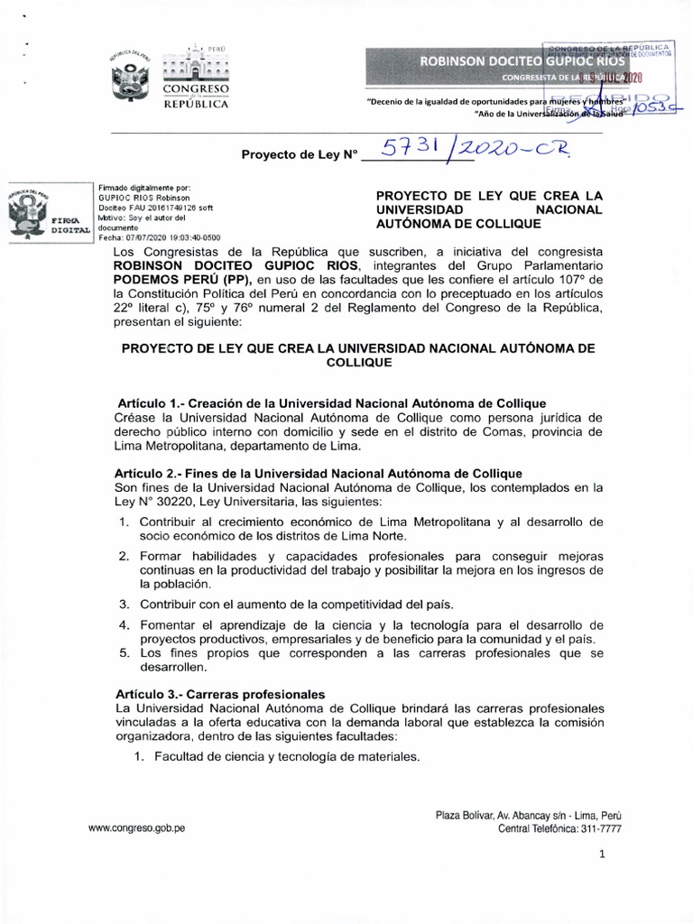 Proyecto de Ley Que Crea La Universidad Nacional Autónoma de Collique | PDF