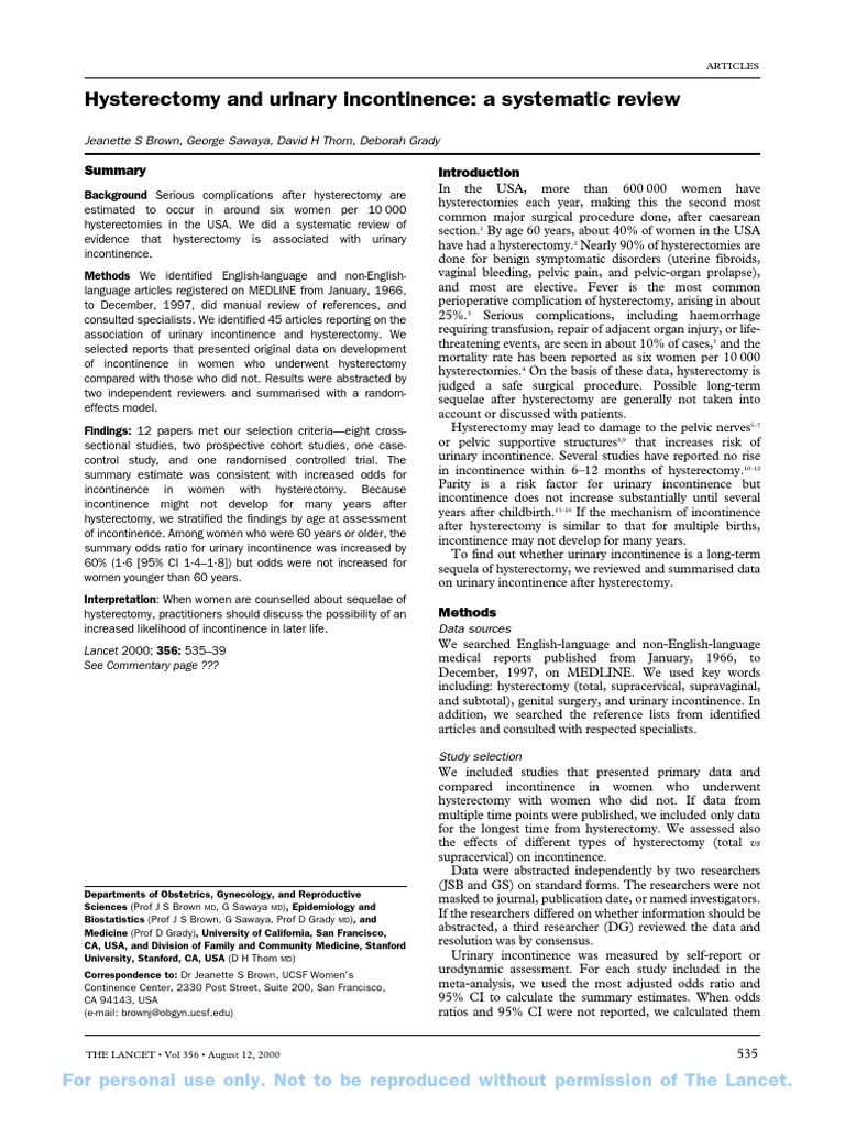 Hysterectomy and urinary incontinence review links procedure to later life incontinence PDF