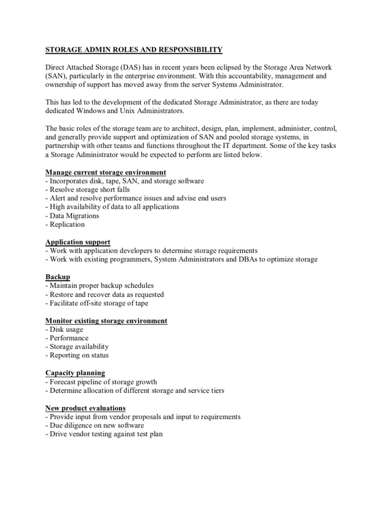 Storage Admin Roles and Responsibility PDF Backup Computer Data