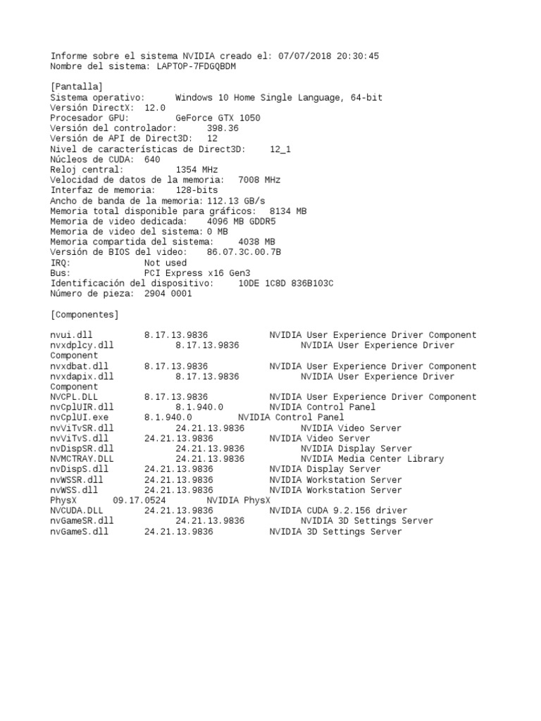 Informe del sistema NVIDIA GTX 1050 | PDF