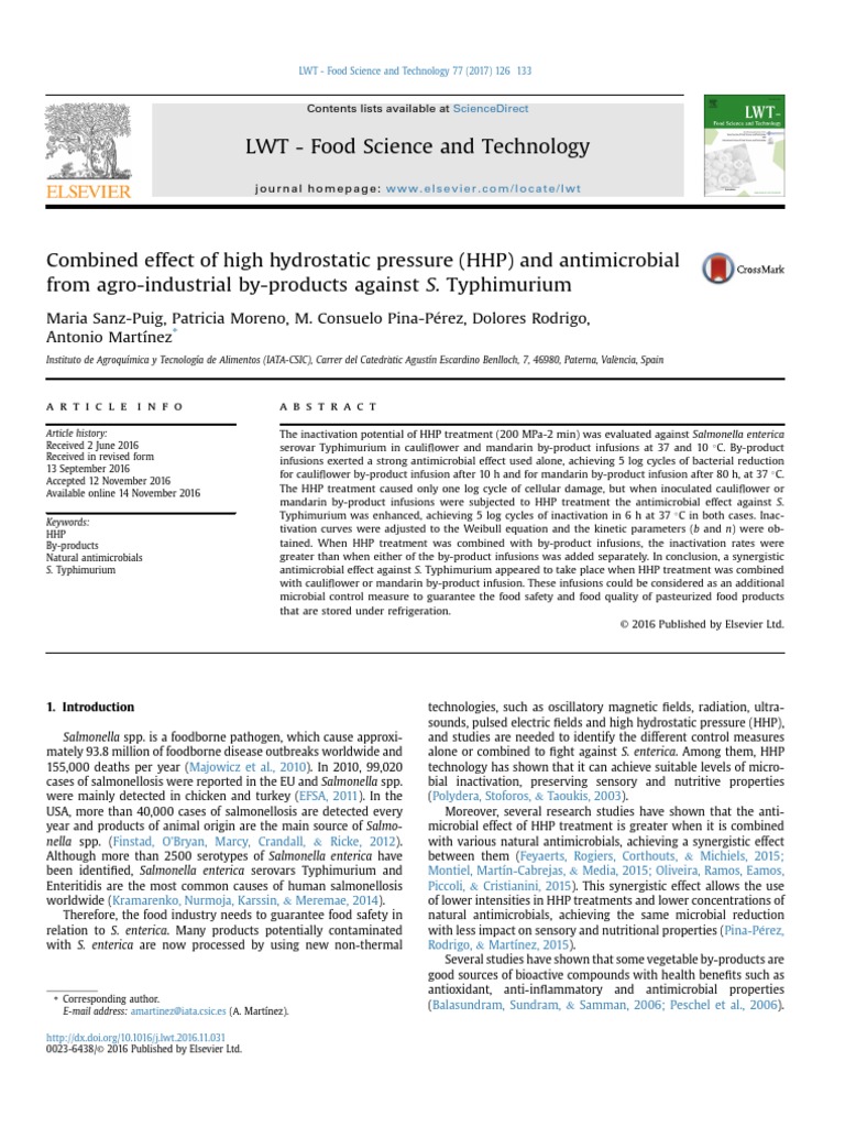 Combined Effect of High Hydrostatic Pressure (HHP) and Antimicrobial ...