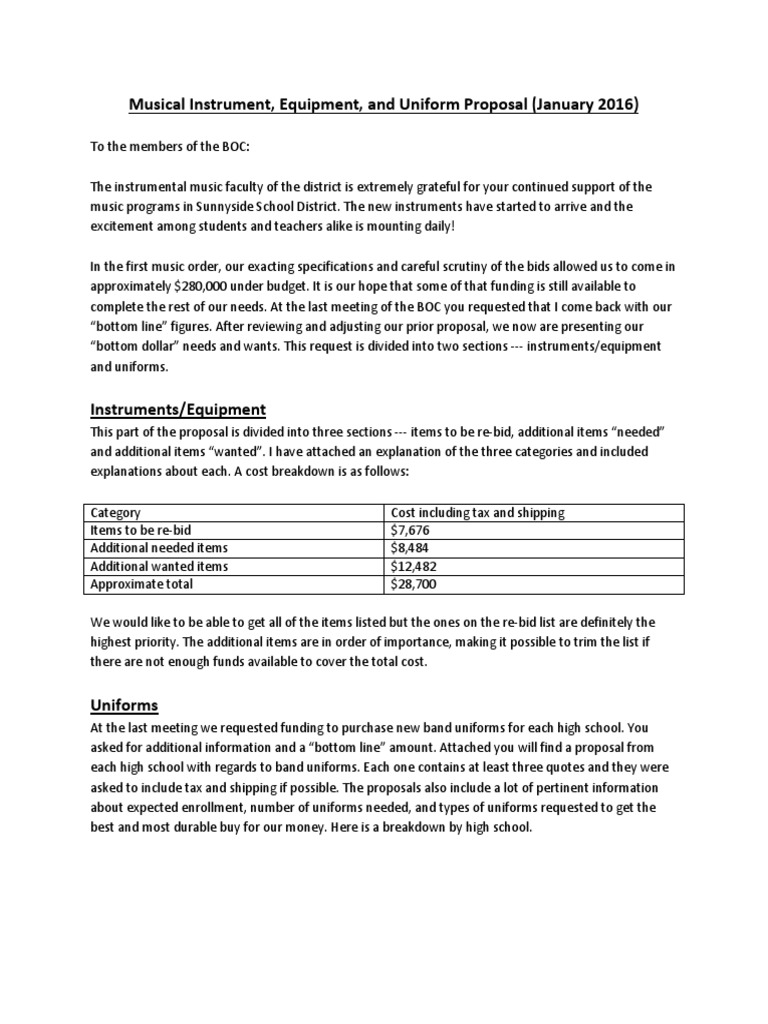 Musical Instrument, Equipment, and Uniform Proposal (January 2016 ...