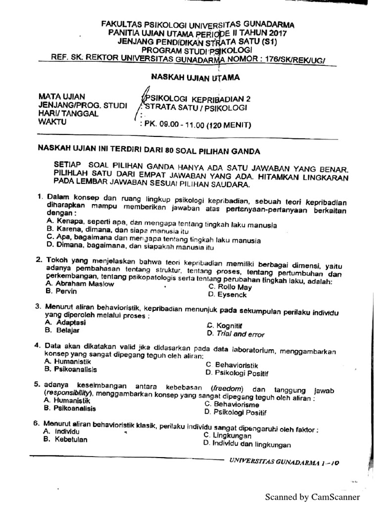 Ujian Utama Psikologi Kepribadian 2 Universitas Gunadarma Tahun 2018
