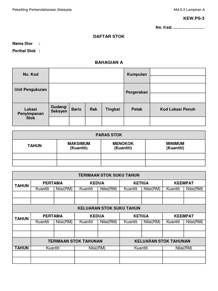 Kew Ps 3 Daftar Stok Bahagian A Pdf