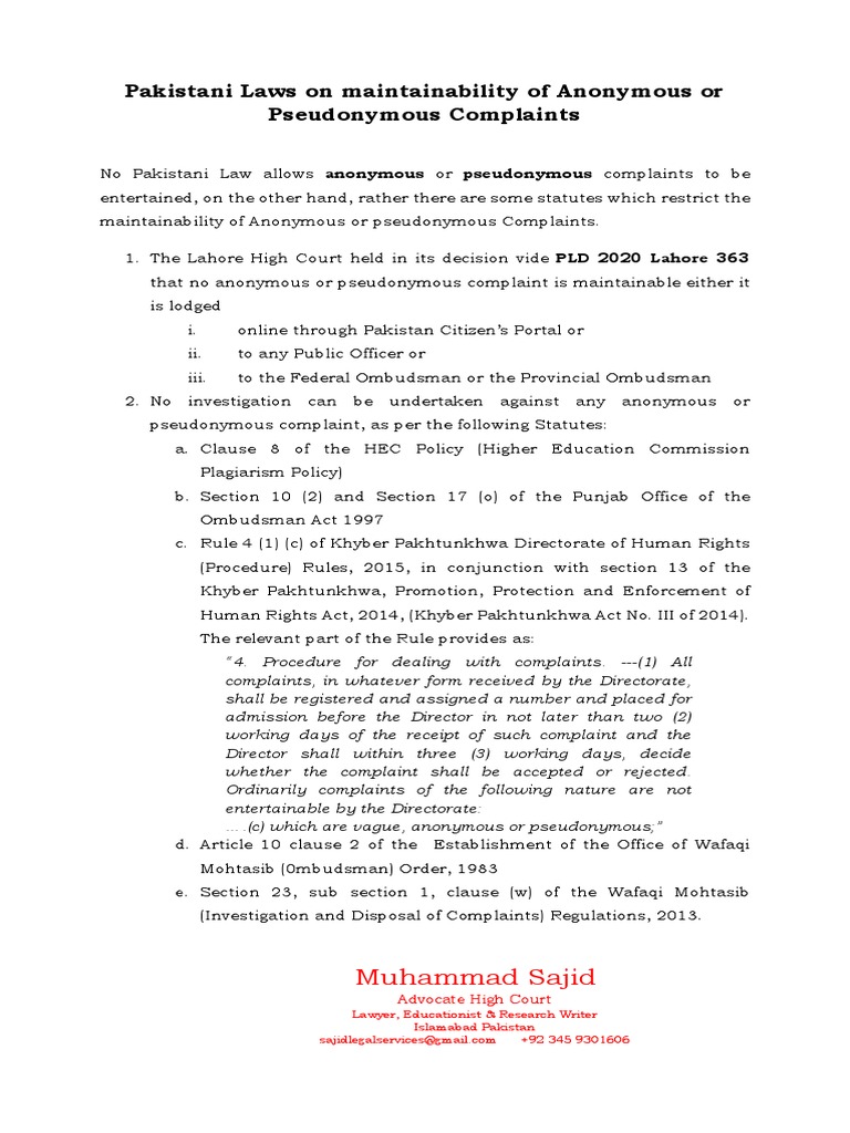 Laws on Anonymous Complaints in Pakistan | PDF | Pakistan | Complaint