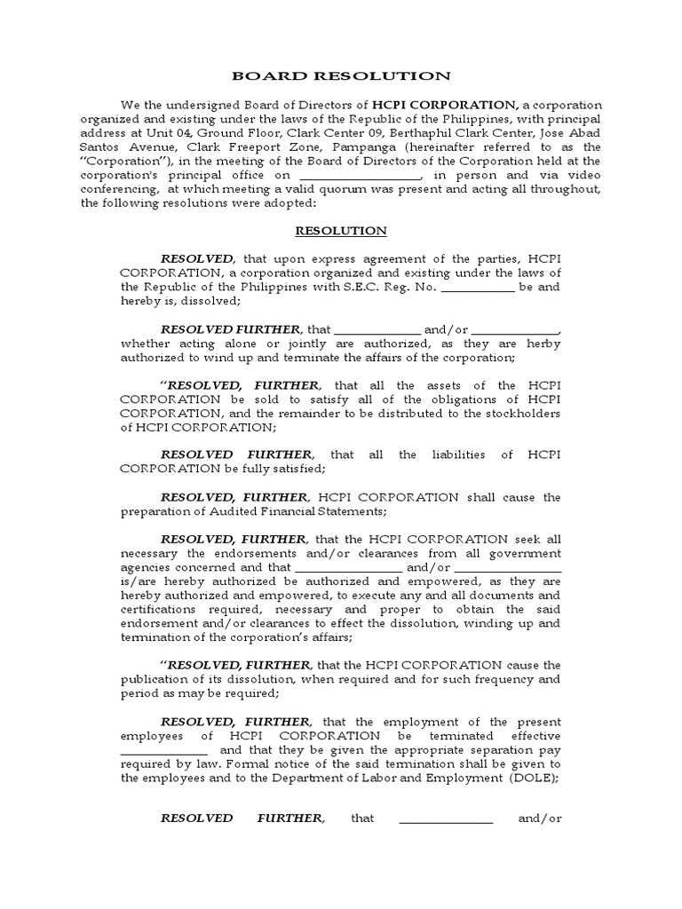 Board Resolution - Dissolution - HCPI - 03-05-2020 | PDF | Corporations ...