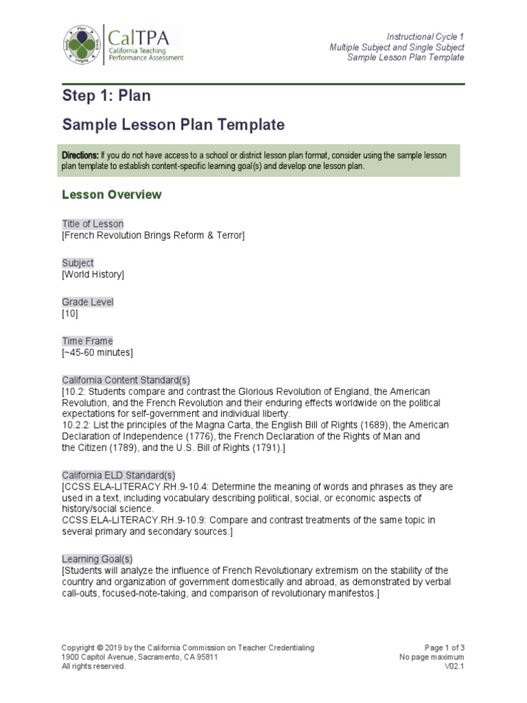 Step 1: Plan Sample Lesson Plan Template | PDF | Lesson Plan | Learning