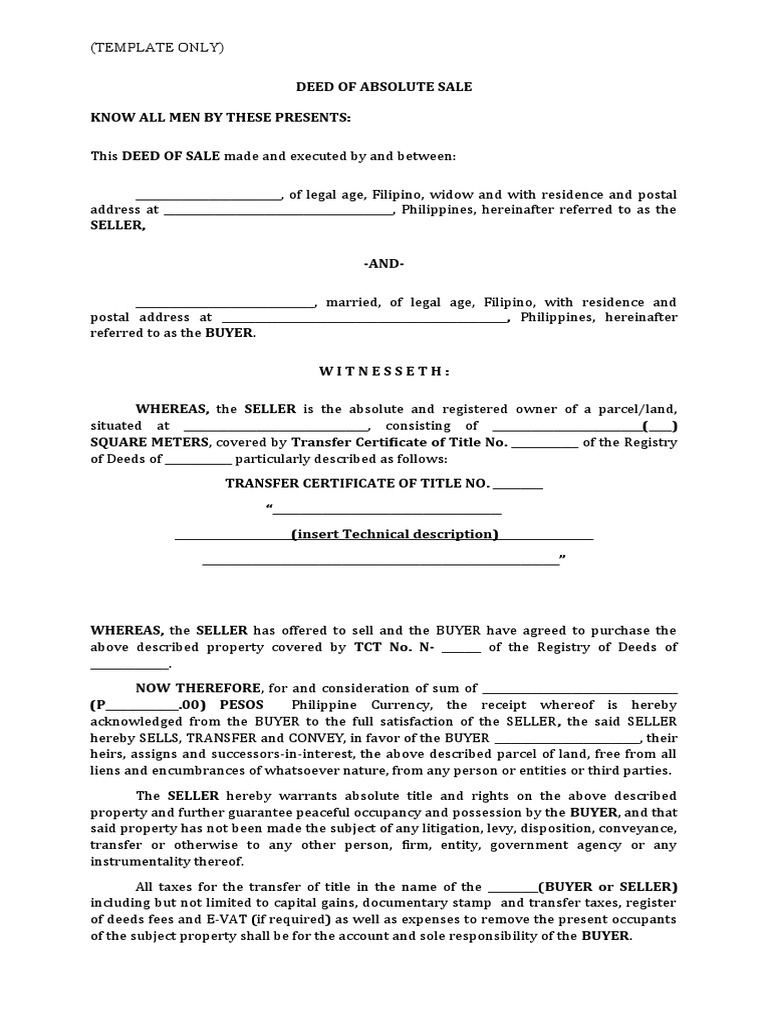 Deed of Absolute Sale Template | PDF | Title (Property) | Deed