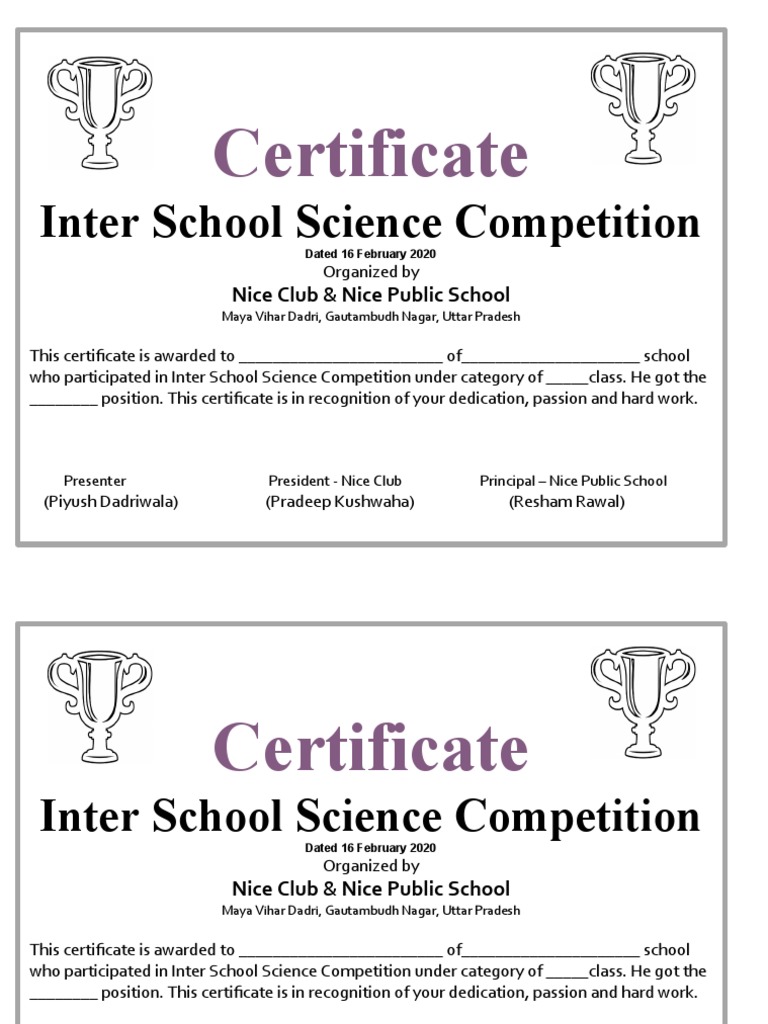 Inter School Science Competition Certificate | PDF