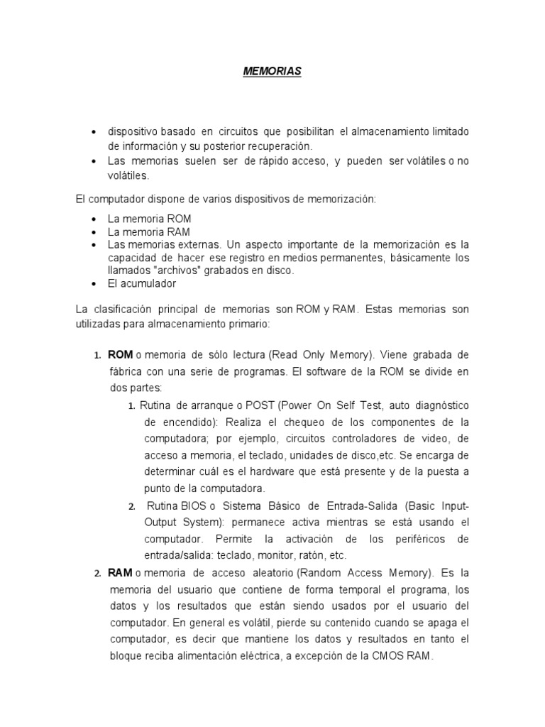 Memoria | PDF | Almacenamiento de datos de la computadora | Hardware de ...
