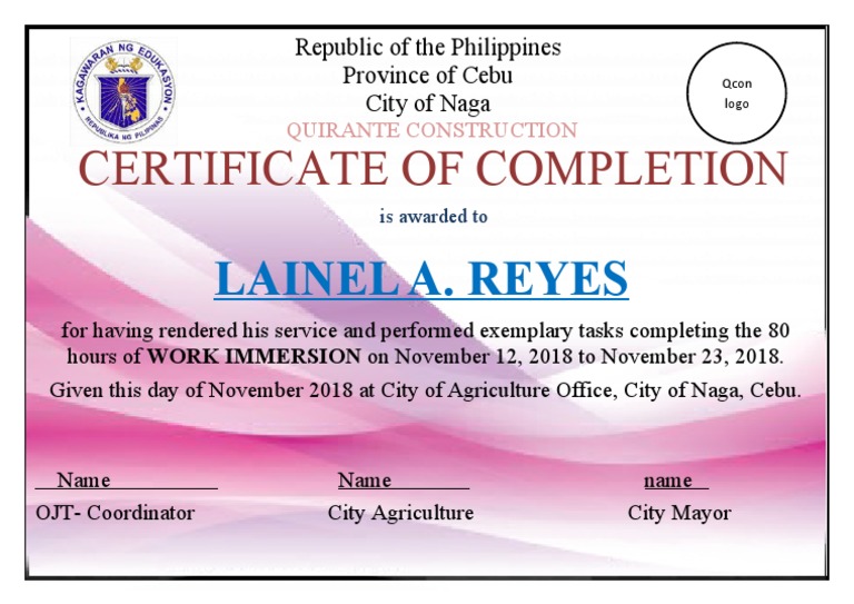 Work Immersion Completion Certificate | PDF