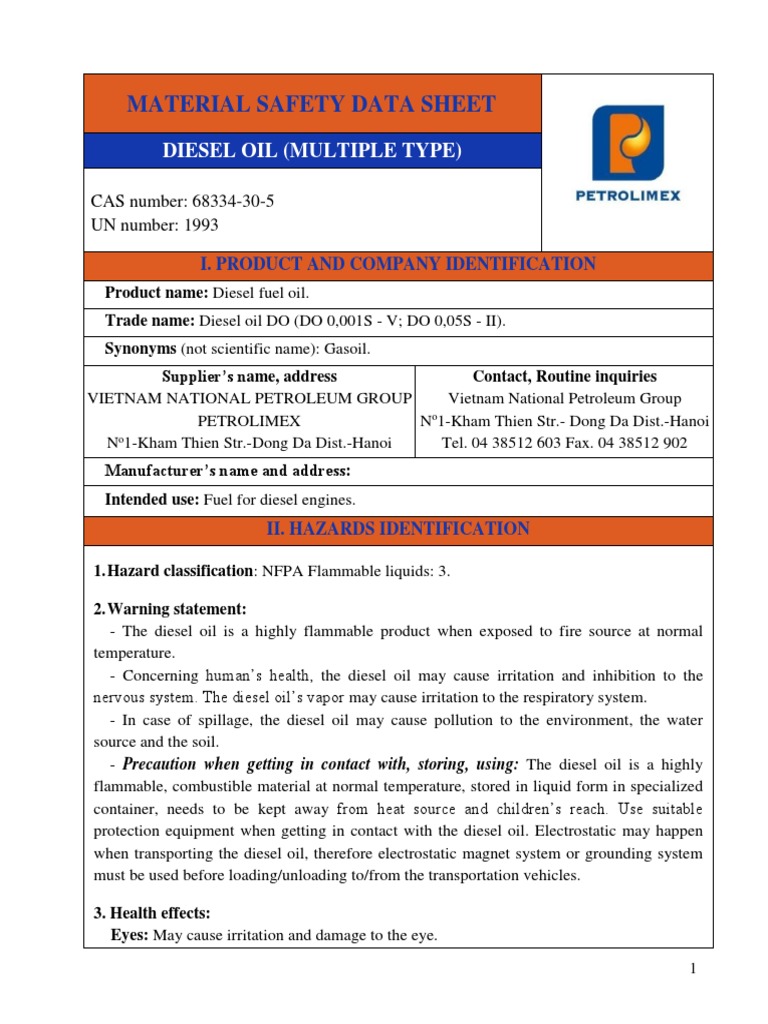 Material Safety Data Sheet Diesel Oil (Multiple Type) PDF