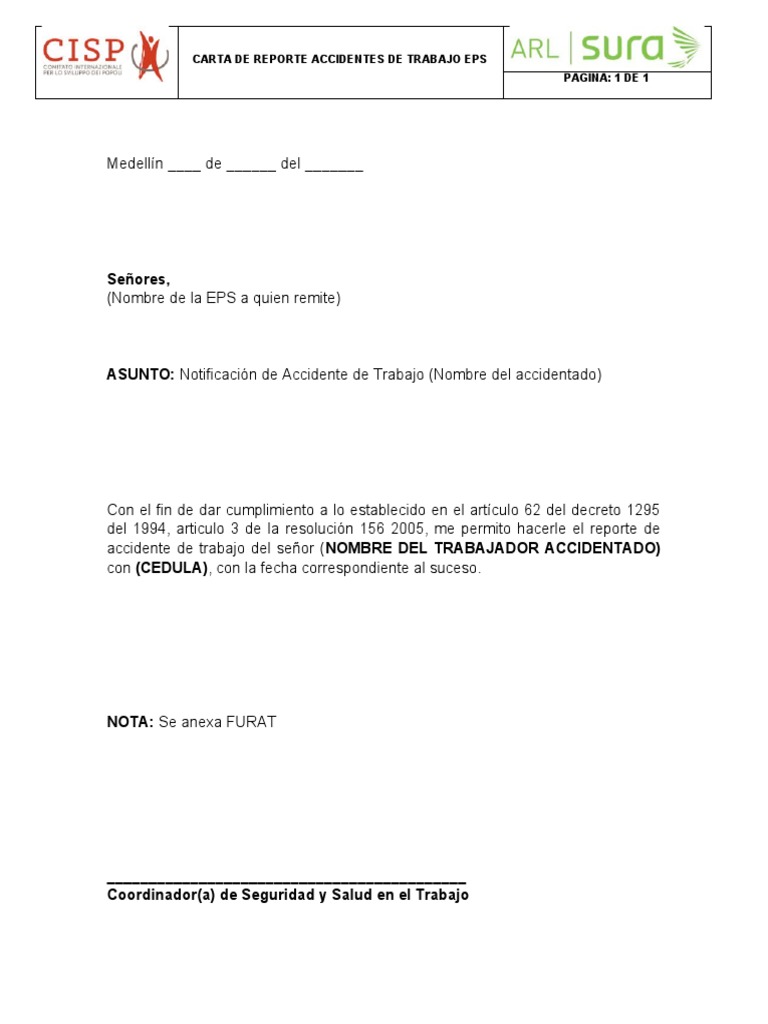 Formato - Carta de Reporte Accidente de Trabajo EPS | PDF
