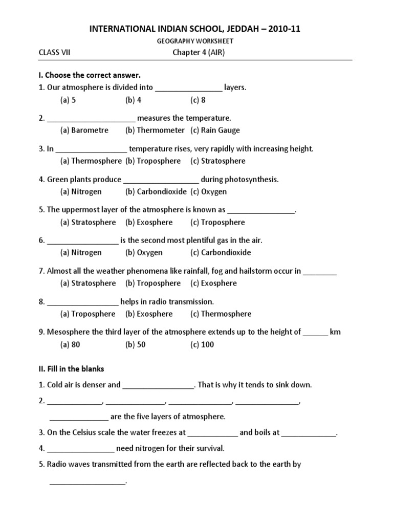 CBSE Class 7 Geography Worksheets (11) Air PDF Atmosphere Of