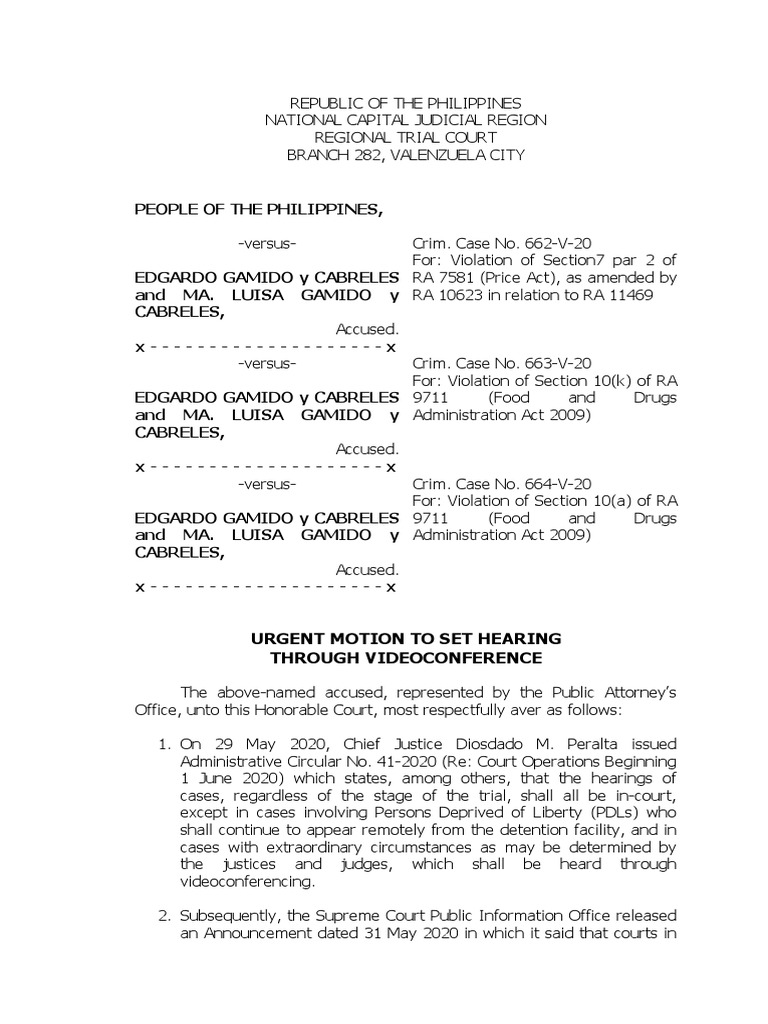 Motion To Set Hearing Thru Video Conference Gamido PDF